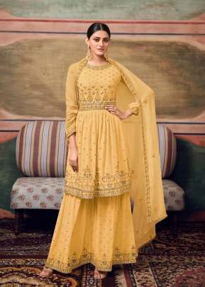 Maisha Designer Frock Style Heavy Faux Georgette With Embroidered Palazzo Suit Yellow Color DN 11065