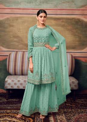 Maisha Designer Frock Style Heavy Faux Georgette With Embroidered Palazzo Suit Sky Color DN 11065