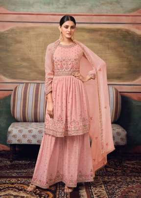 Maisha Designer Frock Style Heavy Faux Georgette With Embroidered Palazzo Suit Peach Color DN 11065