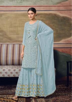 Maisha Heavy Faux Georgette With Sequence Work Palazzo Suit Light Blue Color DN 11062