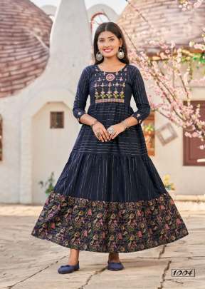 Mamta Vol 1 Dolphin Cotton With Flair And Anarkali Embroidery Work Kurti Nevy Blue Color DN 1004