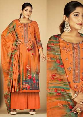 Mehnaaz Premium Soft Cotton Hit Prints With Heavy Embroidery Work Ready Made Palazzo Suit Orange Color 