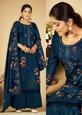 Mehnaaz Premium Soft Cotton Hit Prints With Heavy Embroidery Work Ready Made Palazzo Suit Nevy Blue Color 