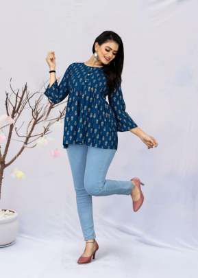 Modern India Vol 2 Rayon Western Printed Tops Blue Color