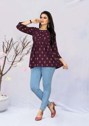 Modern India Vol 2 Rayon Western Printed Tops Wine Color