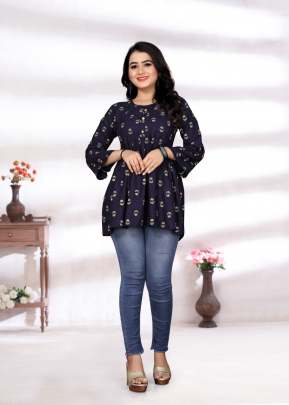 Modern India Vol 2 Rayon Western Printed Tops Nevy Blue Color