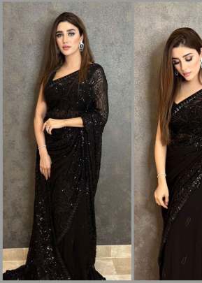 Party wear Fancy Beautiful Sequence Embroidery Designer Bollywood Saree Black Color