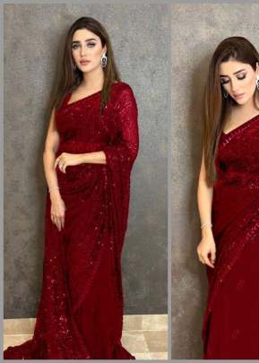 Party Wear Fancy Beautiful Sequence Embroidery Designer Bollywood Saree Red Color