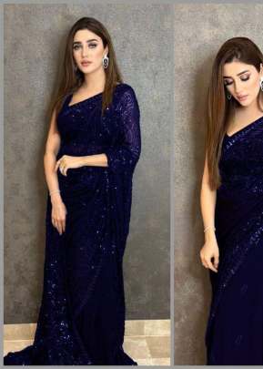 Party Wear Fancy Beautiful Sequence Embroidery Designer Bollywood Saree Blue Color