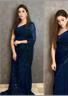 Party Wear Fancy Beautiful Sequence Embroidery Designer Bollywood Saree Honolulu Blue Color