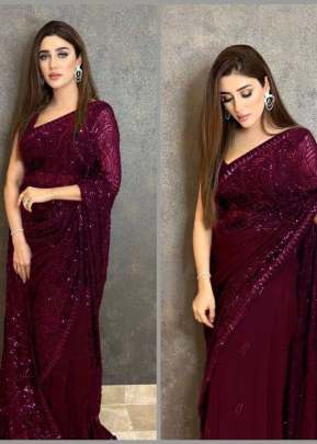 Party Wear Fancy Beautiful Sequence Embroidery Designer Bollywood Saree Purple Wine Color