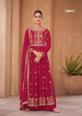 Nayra Vol 1 Blooming Faux Georgette With Sequence Work Embroidered Nayra Cut Suit Red Glow Color DN 7184