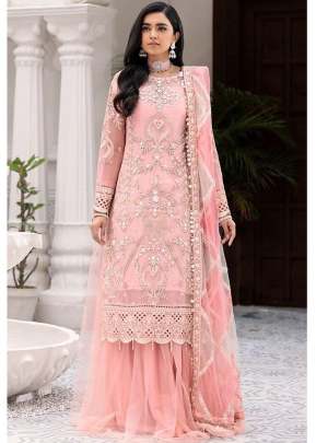 Net With Sequence Embroidery Work With Diamond Work Pakistani Suits Light Peach Color DN 131