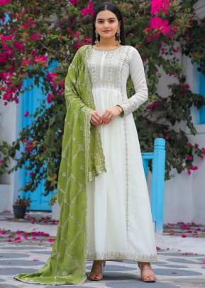 New Designer  Party Wear Look Pure Chinon Silk Fancy Anarkali Gown White And Parrot Color AD DN 157