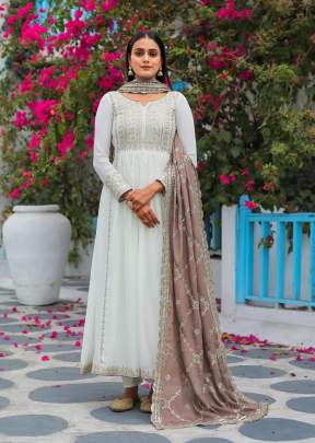 New Designer  Party Wear Look Pure Chinon Silk Fancy Anarkali Gown White And Light Brown Color AD DN 157