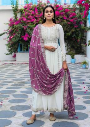 New Designer  Party Wear Look Pure Chinon Silk Fancy Anarkali Gown White And Purple Color AD DN 157