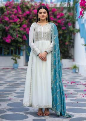 New Designer  Party Wear Look Pure Chinon Silk Fancy Anarkali Gown White And Sky Color AD DN 157