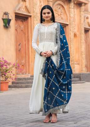 New Designer  Party Wear Look Pure Chinon Silk Fancy Anarkali Gown White And Blue Color AD DN 157