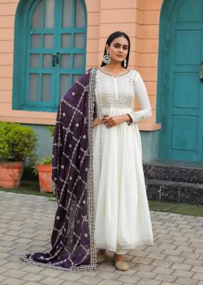 New Designer  Party Wear Look Pure Chinon Silk Fancy Anarkali Gown White And Wine Color AD DN 157