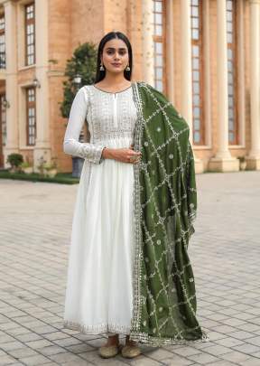 New Designer  Party Wear Look Pure Chinon Silk Fancy Anarkali Gown White And Mehndi Color AD DN 157