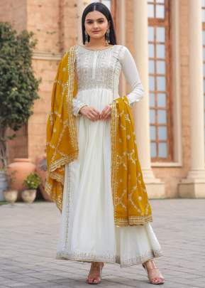 New Designer  Party Wear Look Pure Chinon Silk Fancy Anarkali Gown White And Yellow Color AD DN 157