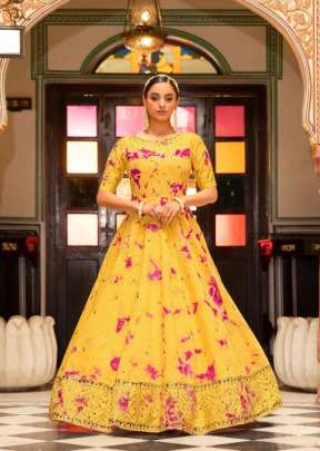 New Exclusive Cotton Shibori Print With Embroidered Anarkali Gown Yellow Color DN 4723