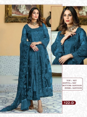 Pakistani Heavy Net With Embroidery Work Suit LFH DN 122 Sky Blue