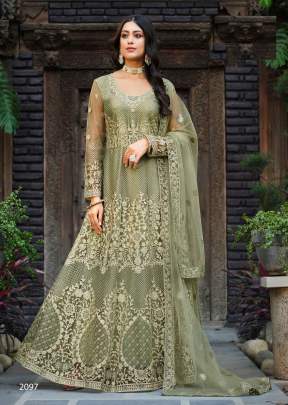 Pure Butterfly Net With Heavy Work And Stone Work Anarkali Gown Green Melon Color SN DN 2097