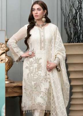 Ramsha R Designer Georgette With Embroidery Work Pakistani Suit White Color DN 552 A