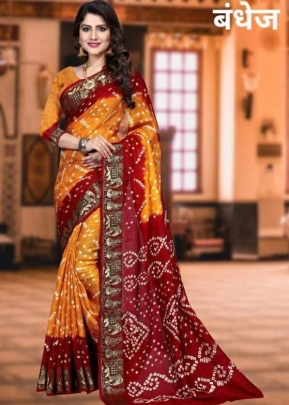 SSM Dolly New Hand Bhandhej Saree Yellow And Maroon