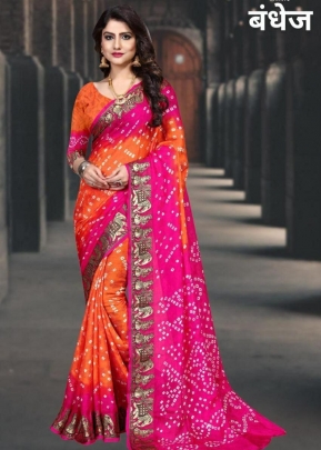 SSM Dolly New Hand Bhandhej Saree Orange And Pink