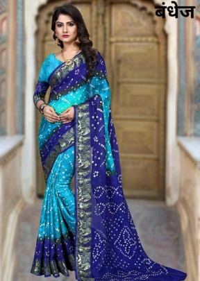 SSM Dolly New Hand Bhandhej Saree Sky Blue And Blue