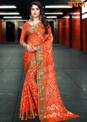 SSM Dolly New Hand Bhandhej Saree Orange Color