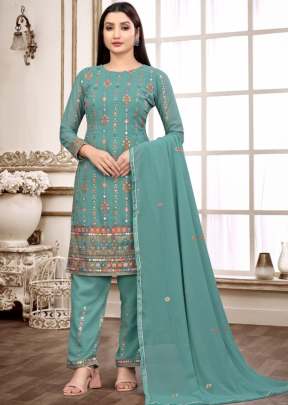 Saher Faux Georgette With Dual Sequence With Multi Embroidery Work Designer Suit Light Blue Color DN 2001