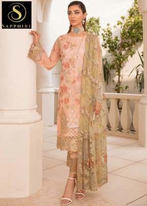 Sapphire Designer Faux Georgette Embroidery Work Pakistani Suit Light Peach Color DN 103