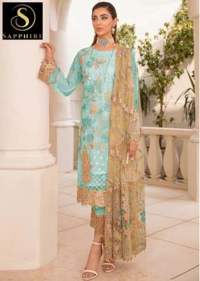 Sapphire Designer Faux Georgette Embroidery Work Pakistani Suit Sky Color DN 103