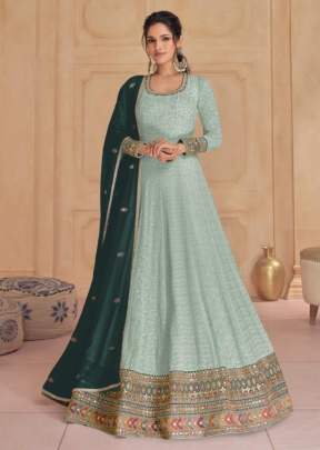 Sayuri Designer Dastoor Heavy Faux Georgette With Embroidered Anarkali Gown Light Pista Color DN 5523