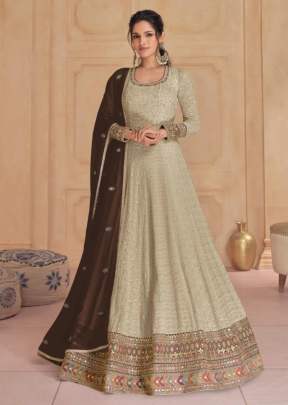 Sayuri Designer Dastoor Heavy Faux Georgette With Embroidered Anarkali Gown Chiku Color DN 5523