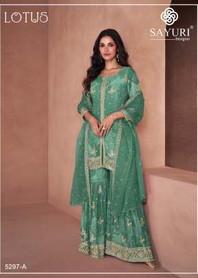 Sayuri Designer Lotus Heavy Fox Georgette Digital Print with Embroidery Sharara Suit Teal Green Color DN 5297