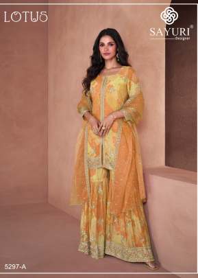 Sayuri Designer Lotus Heavy Fox Georgette Digital Print with Embroidery Sharara Suit Yellow Color DN 5297