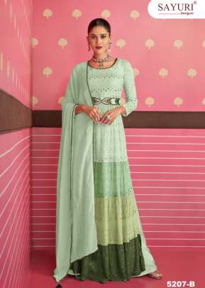 Sayuri Designer Nayra Heavy Faux Georgette With Embroidery Work With Thread Work Nayra Cut Suit Pista Color DN 5207