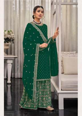 Shagun Heavy Faux Georgette With Embroidery Sequence And Thread Work Palazzo Suit Green Color DN 1448