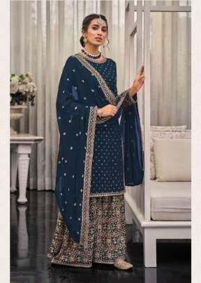 Shagun Heavy Faux Georgette With Embroidery Sequence And Thread Work Palazzo Suit Blue Color DN 1448