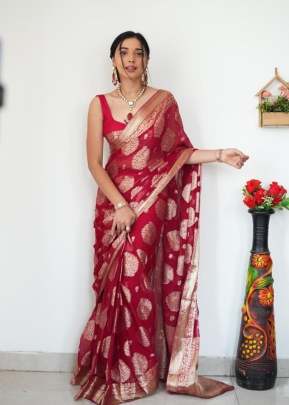 Soft Linen Soft Cotton Attractive Charmfull Ready To Wear Saree Red Color