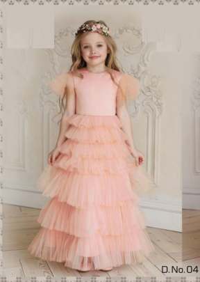 South Cotton With Soft Net Partywear Designer Kids Gown Peach Color DN 04
