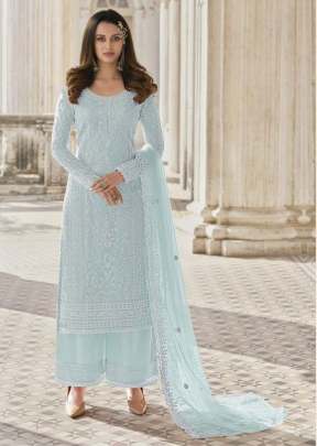 Swagat Swati Heavy Butterfly Net With Embroidery Work Palazzo Suit Sky Color DN 3304