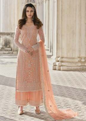 Swagat Swati Heavy Butterfly Net With Embroidery Work Palazzo Suit Light Peach Color DN 3304