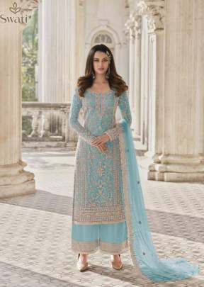 Swagat Swati Heavy Butterfly Net With Embroidery Work Palazzo Suit Sky Blue Color DN 3304