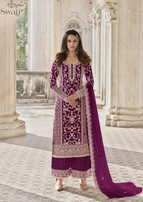 Swagat Swati Heavy Butterfly Net With Embroidery Work Palazzo Suit Wine Color DN 3304