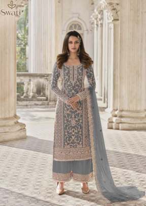 Swagat Swati Heavy Butterfly Net With Embroidery Work Palazzo Suit Grey Color DN 3304